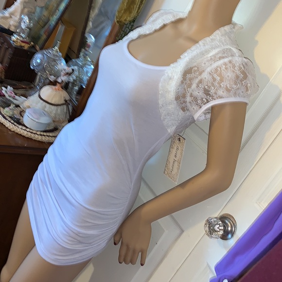 white  lace jacket bolero puff sleeve hourglass tunic tank top M NWT - Picture 6 of 9